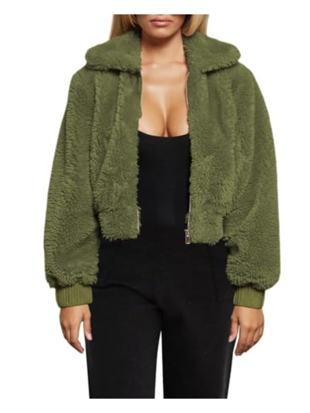 Faux Fur Teddy Cropped Zip Up Jacket Oversized Fleece Lapel Coat Pockets